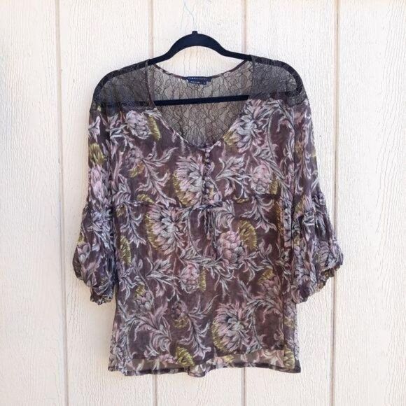 BCBGMaxAzria Top Sheer Silk Botanical Peasant Balloon Sleeve Brown Pink Sz S - Picture 5 of 13